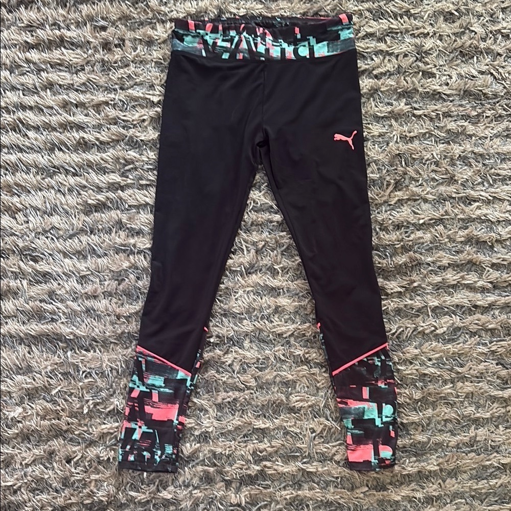 Puma Black and Pink Leggings with Geometric Cuff, Kids L, Women’s S/XS